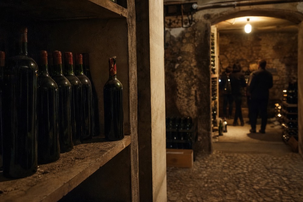Bottles of Valpolicella wines resting in a dark cellar, no text, no logos, no people