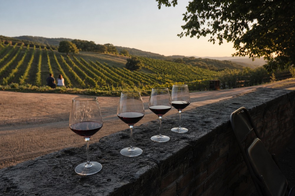 A tasting flight of four red wines in a row before a vineyard view, no text, no logos, no people