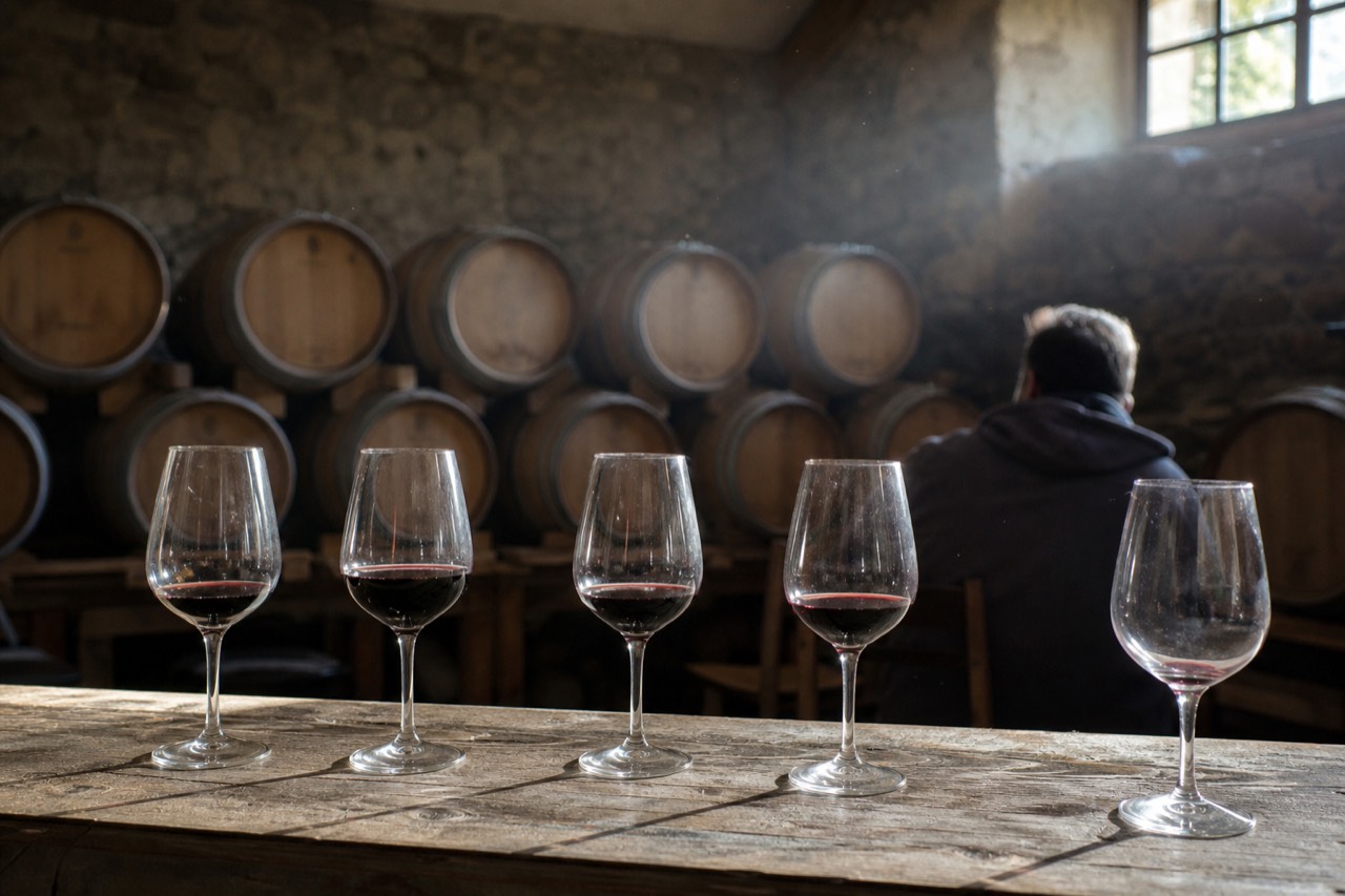 Glasses of red Valpolicella wines lined on a wooden cellar table, no text, no logos, no people
