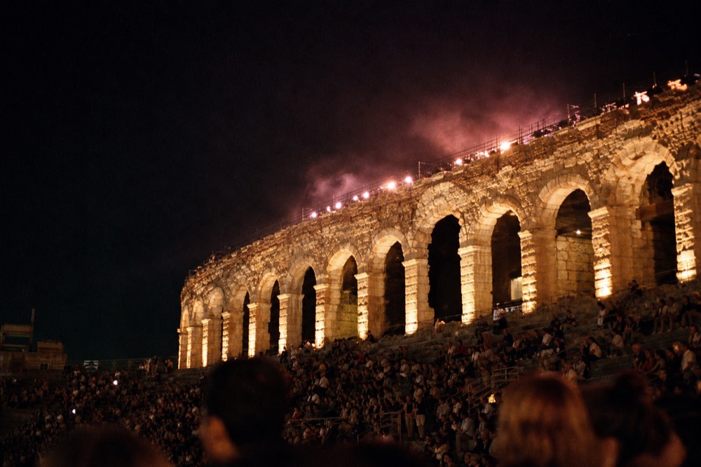 Verona's Arena lit up for an opera performance, no text, no logos, no people