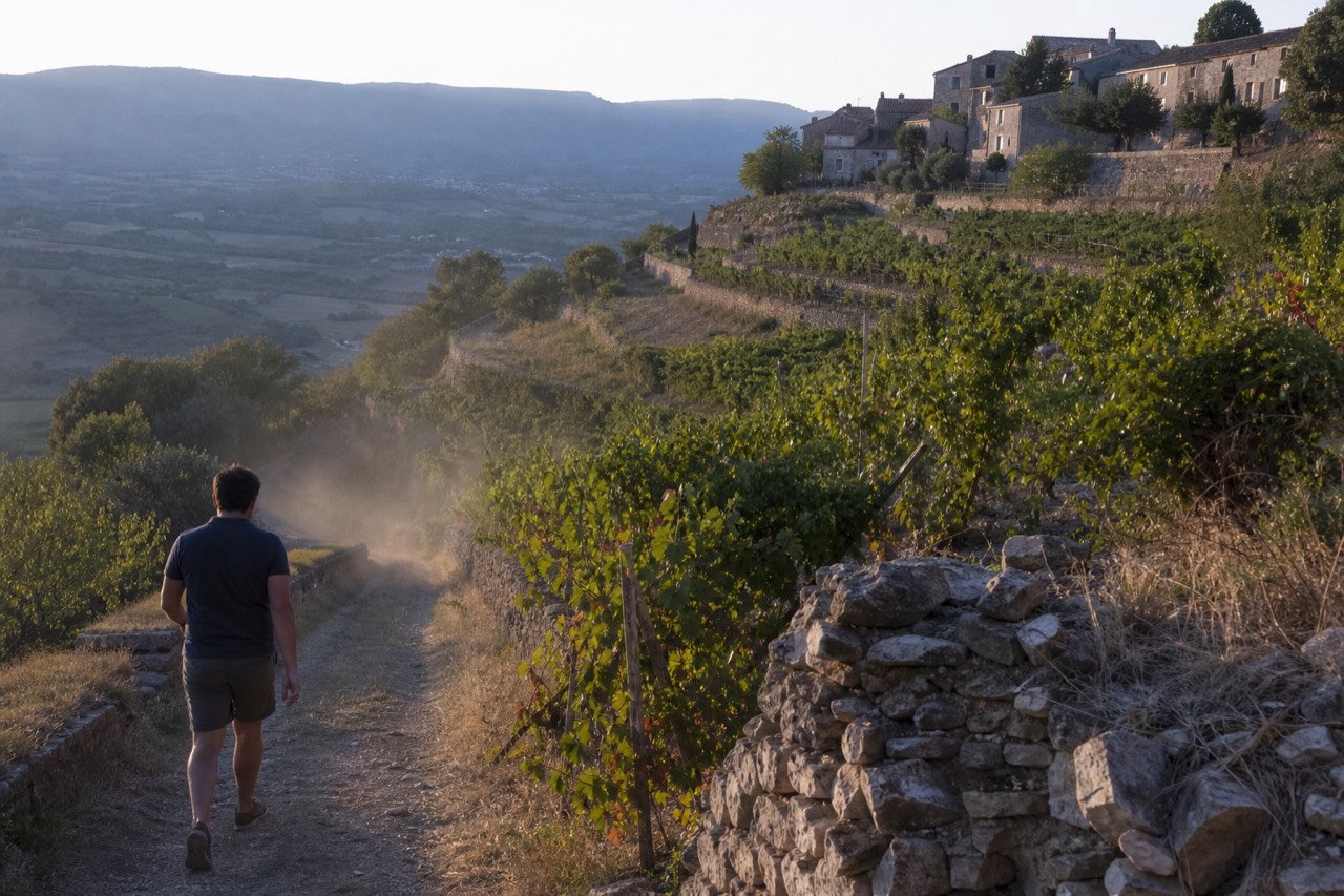 Terraced vineyards and a stone village in the Valpolicella hills above Verona, no text, no logos, no people
