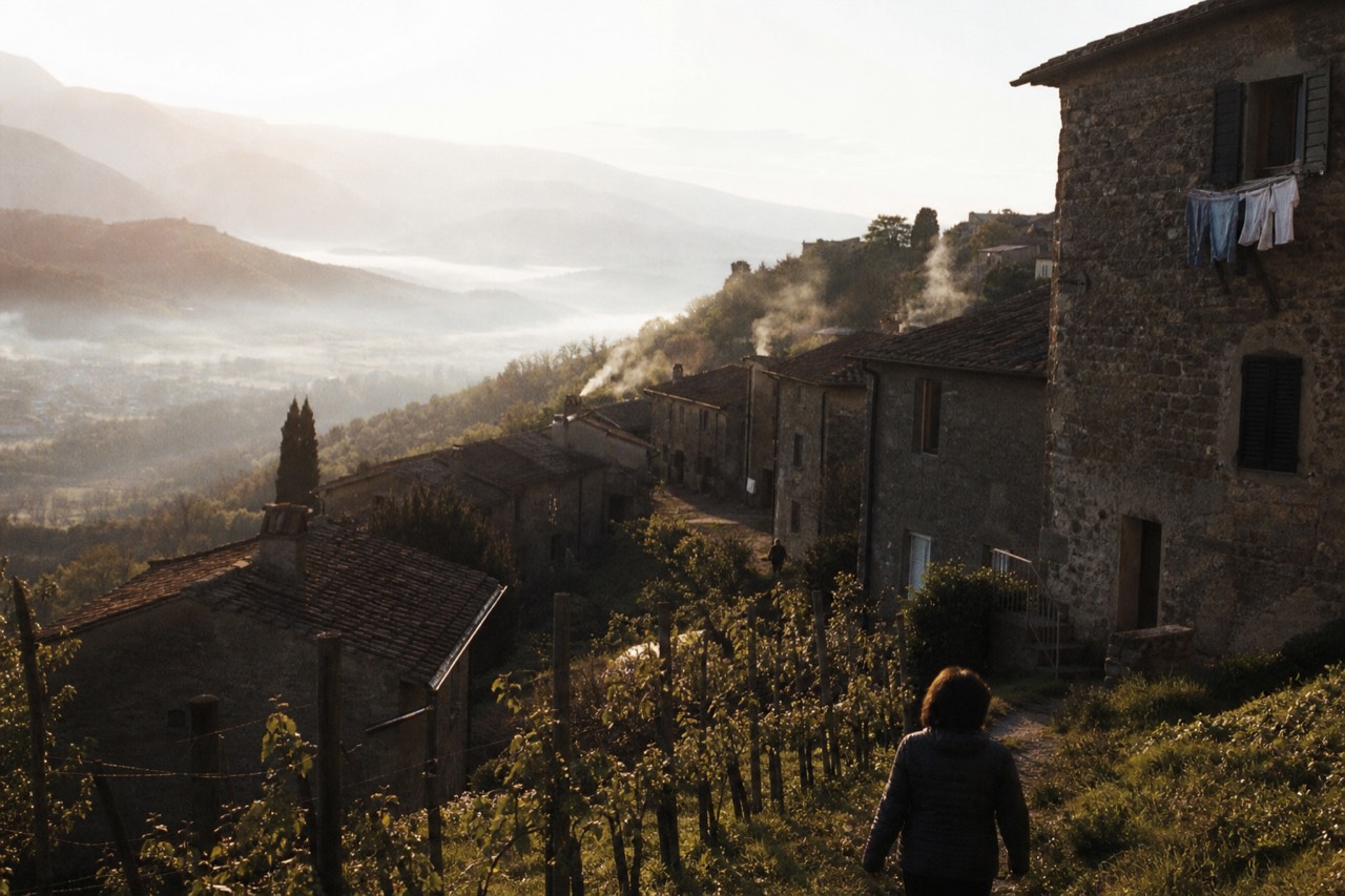 A stone village above terraced vineyards near Verona, no text, no logos, no people.