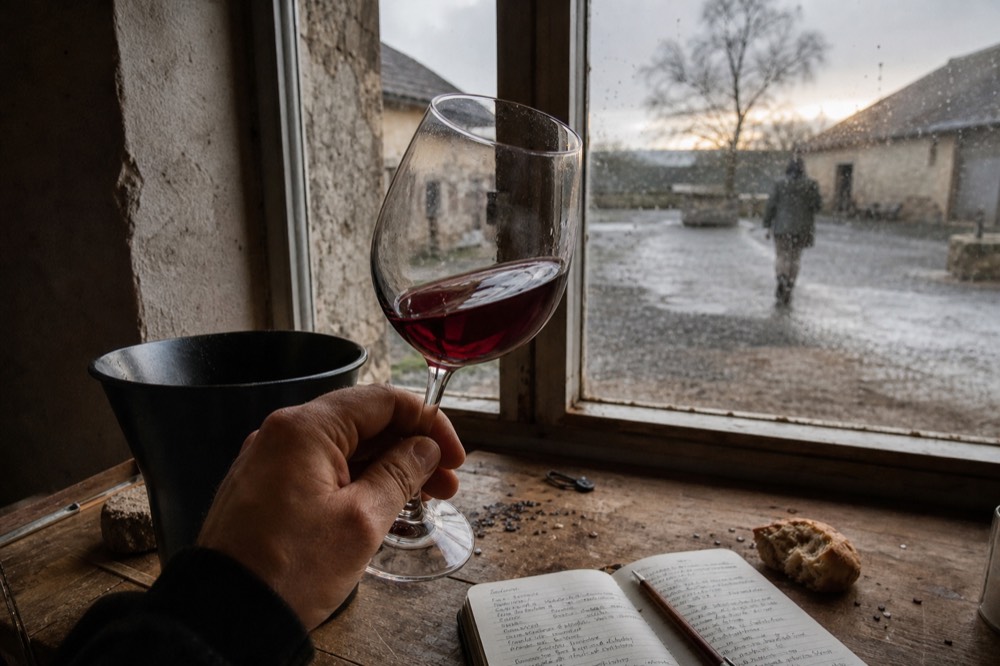 A glass of deep red Amarone held up to a window in a cellar tasting room, no text, no logos, no people