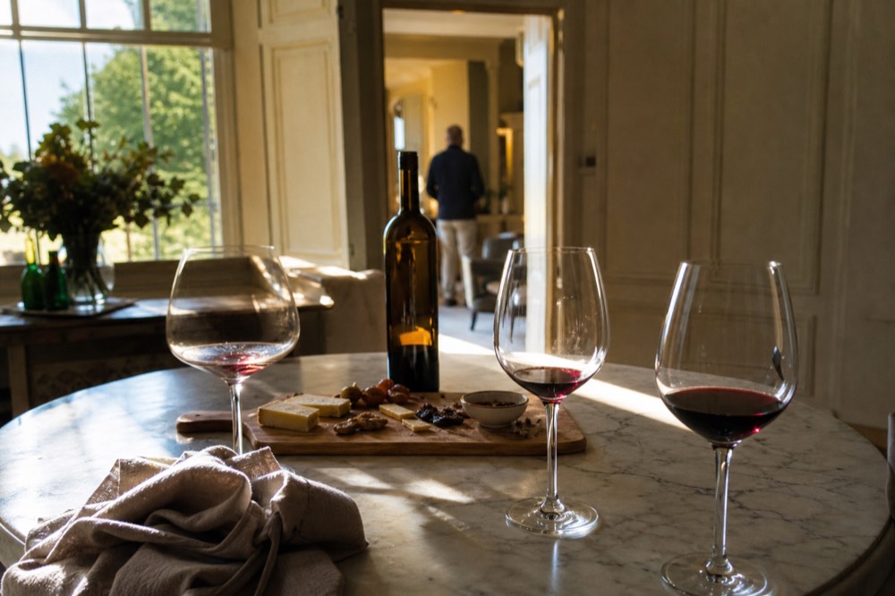 A marble table set with wine glasses, a cheese board and an open bottle of red wine, no text, no logos, no people