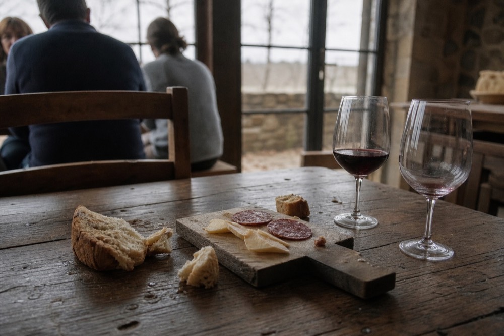 A light lunch of cheese, salami and bread beside glasses of red wine, no text, no logos, no people