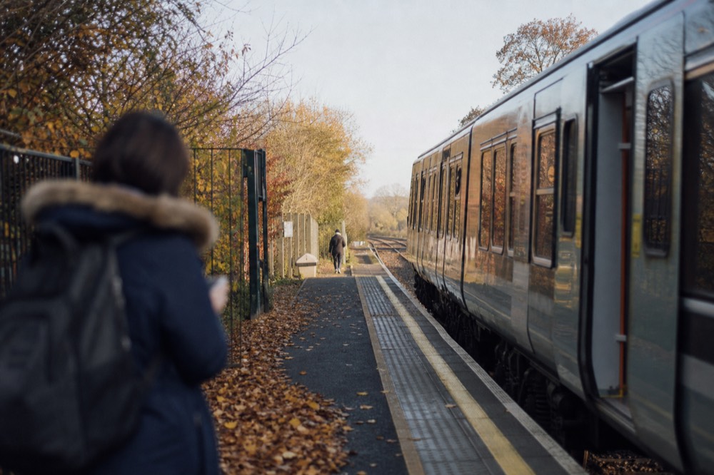 A regional train at a small station near the lakeshore, no text, no logos, no people