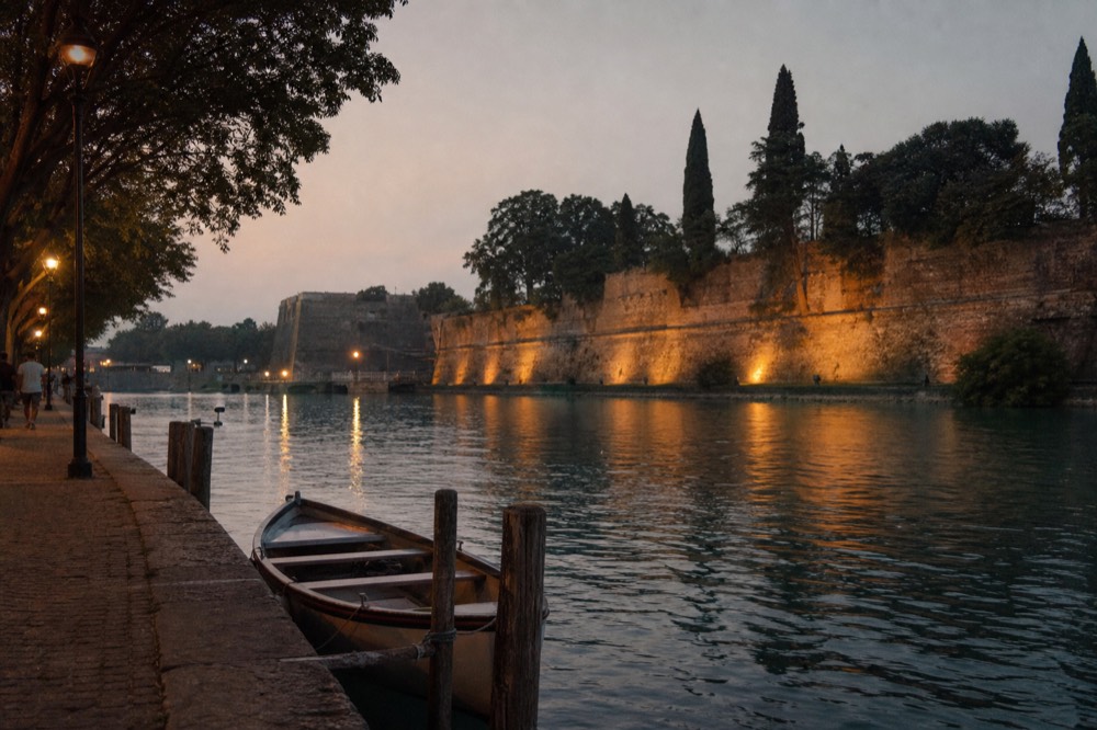 The walled canal town of Peschiera del Garda seen from the lake, no text, no logos, no people