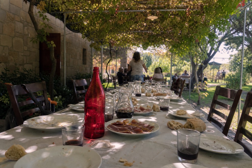 A long table set under a pergola with plates of salami, cheese, and bread, and a bottle of red wine, no text, no logos, no people