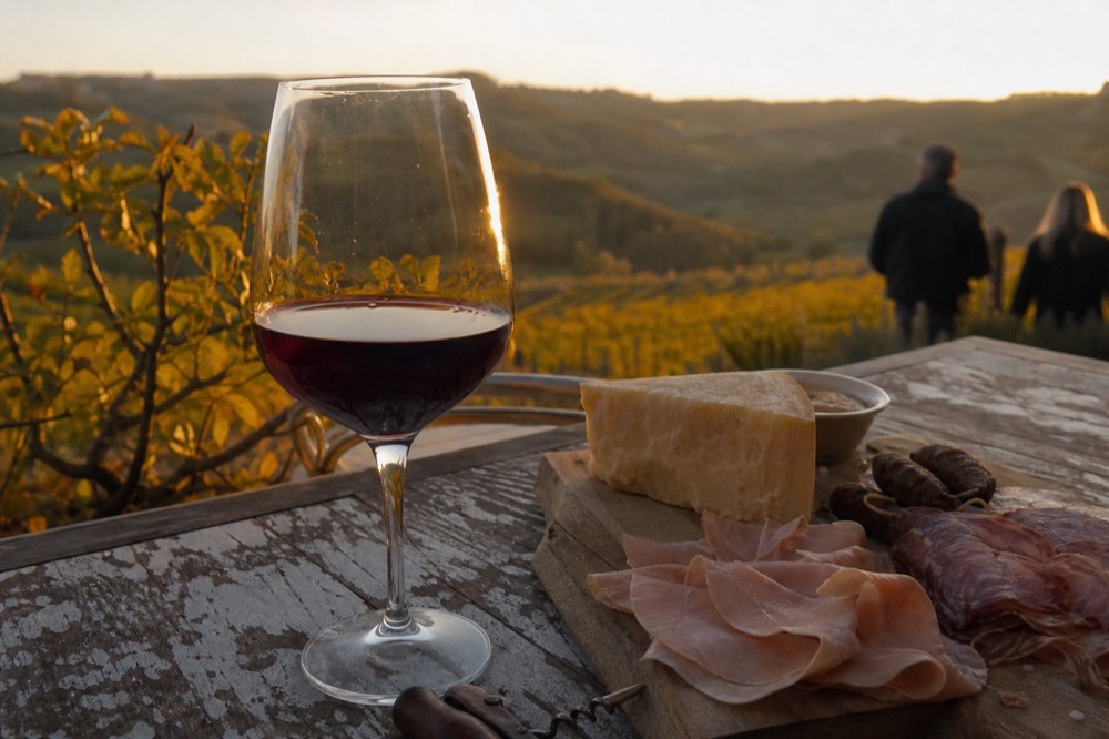 A glass of Amarone next to a plate of cured meats and a wedge of cheese, with a vineyard in the distance, no text, no logos, no people
